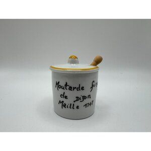 Vintage Moutarde Fin de Dijon Maille 1747 Mini Ceramic Jar Yellow White Spoon